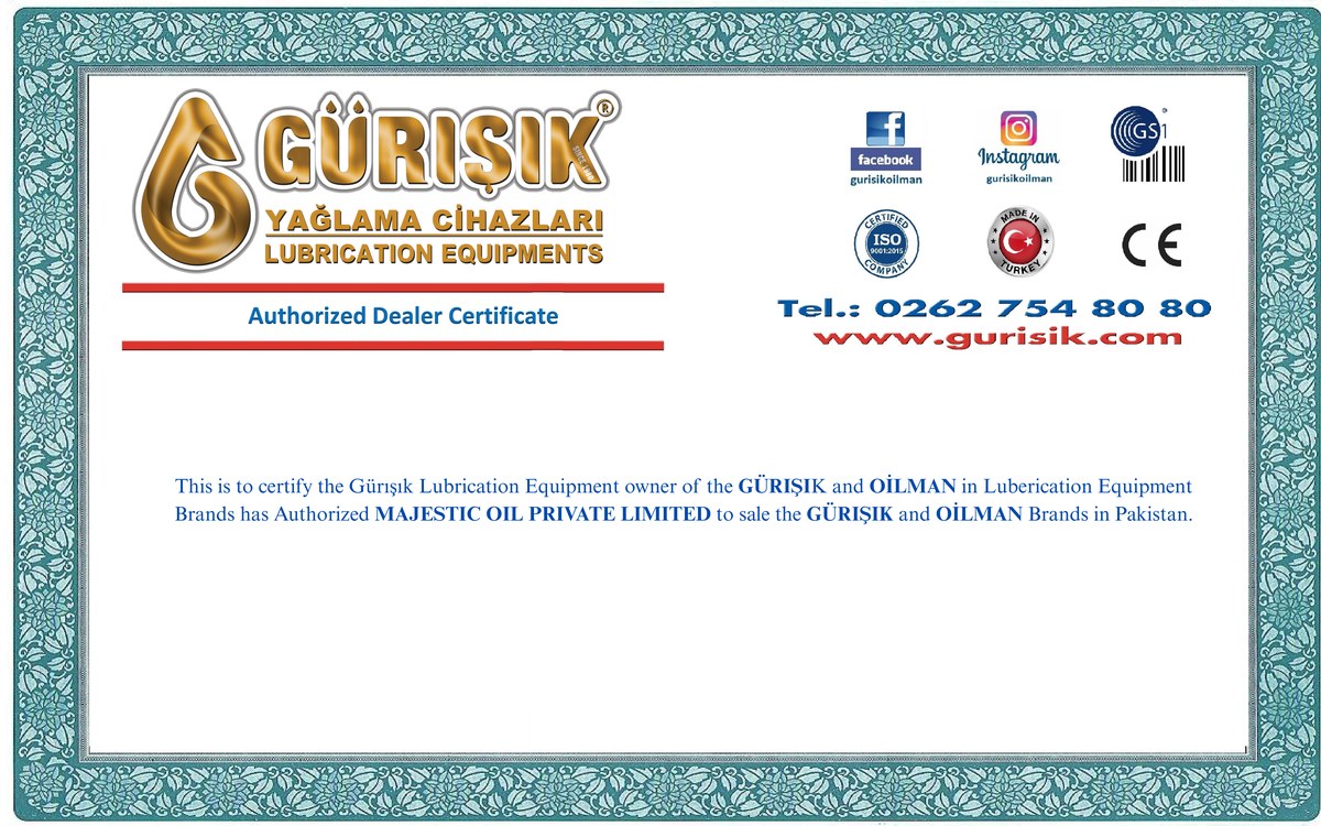 G&uuml;rişik Authorized Dealer Certificate issued to Majestic Oil Private Limited